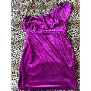 Magenta one shoulder ruffle midi dress.